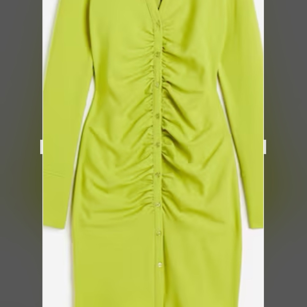 H&M Green Ruched Bodycon Mini Dress V-Neck Long Sleeve